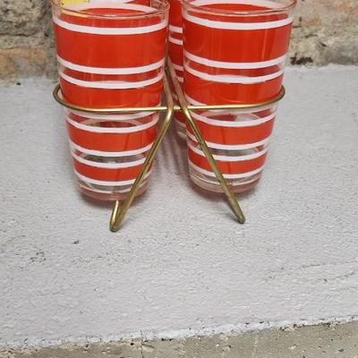 Sale Photo Thumbnail #439: Fantastic set of 6 red striped tumblers with original holder.