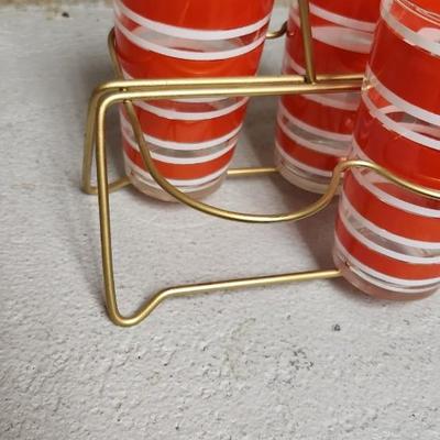 Sale Photo Thumbnail #441: Fantastic set of 6 red striped tumblers with original holder.