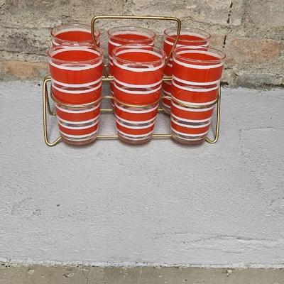 Sale Photo Thumbnail #437: Fantastic set of 6 red striped tumblers with original holder.
