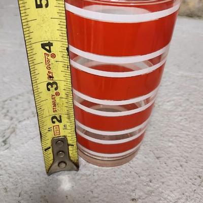 Sale Photo Thumbnail #442: Fantastic set of 6 red striped tumblers with original holder.