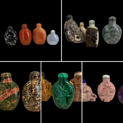 15 Stone Snuff Bottles - Jade, Snow Obsidian & More (LR-RG)