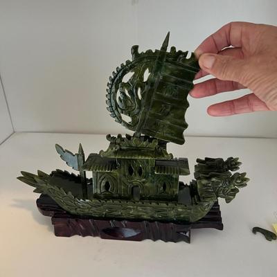 Three Matching Hand Carved Jade Dragon Boat Sculptures (LR-RG)