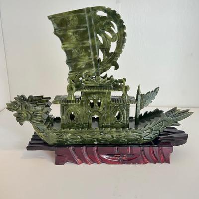 Three Matching Hand Carved Jade Dragon Boat Sculptures (LR-RG)