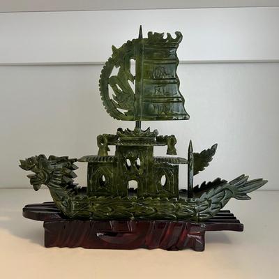 Three Matching Hand Carved Jade Dragon Boat Sculptures (LR-RG)