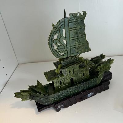 Three Matching Hand Carved Jade Dragon Boat Sculptures (LR-RG)
