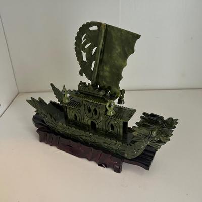 Three Matching Hand Carved Jade Dragon Boat Sculptures (LR-RG)