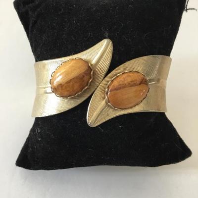 Vintage cuff bracelet, gold tone, brown cabochon bracelet
