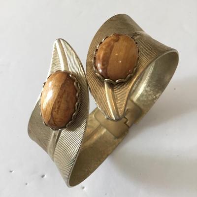 Vintage cuff bracelet, gold tone, brown cabochon bracelet