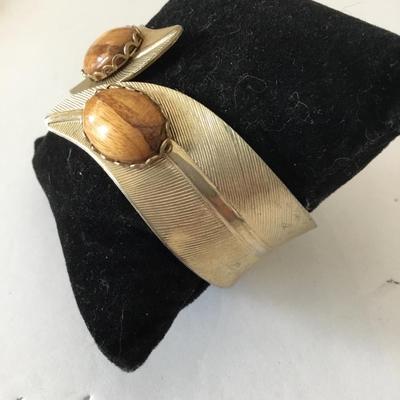 Vintage cuff bracelet, gold tone, brown cabochon bracelet