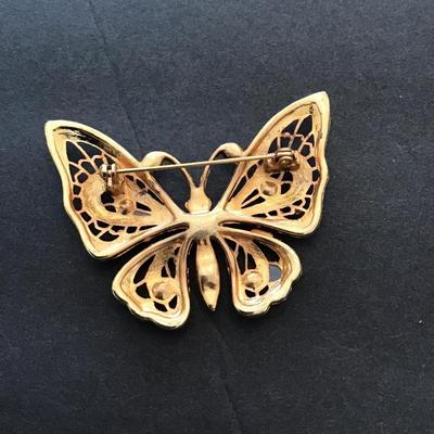 Gold tone, butterfly, lapel pin with rhinestones
