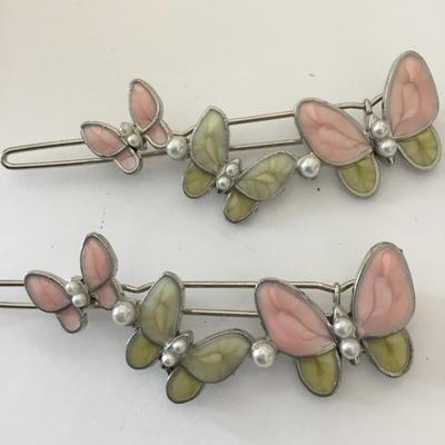 Cute Silver-tone, pink and lime, green enamel butterfly hair pins or clips