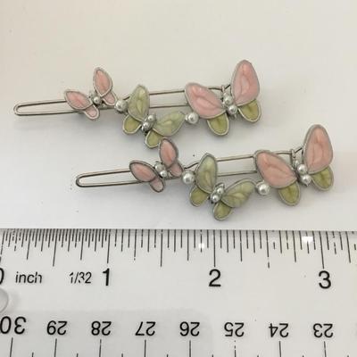 Cute Silver-tone, pink and lime, green enamel butterfly hair pins or clips