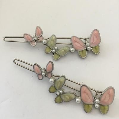 Cute Silver-tone, pink and lime, green enamel butterfly hair pins or clips