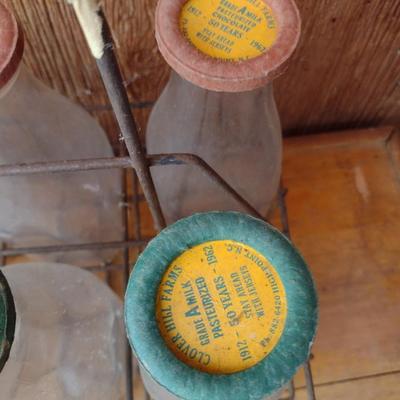 Set of Six Vintage Dairy Milk Bottles with Paper Lids Clover Hill Farms Three with White Milk and Three with Chocolate Milk Lids includes...