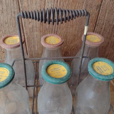 Set of Six Vintage Dairy Milk Bottles with Paper Lids Clover Hill Farms Three with White Milk and Three with Chocolate Milk Lids includes...