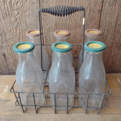 Set of Six Vintage Dairy Milk Bottles with Paper Lids Clover Hill Farms Three with White Milk and Three with Chocolate Milk Lids includes...