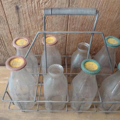 Set of Six Vintage Dairy Milk Bottles with Paper Lids Clover Hill Farms 3 with White Milk and 3 with Chocolate Milk Lids Includes Metal...