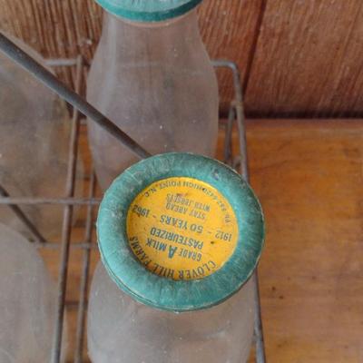 Set of Six Vintage Dairy Milk Bottles with Paper Lids Clover Hill Farms 3 with White Milk and 3 with Chocolate Milk Lids Includes Metal...