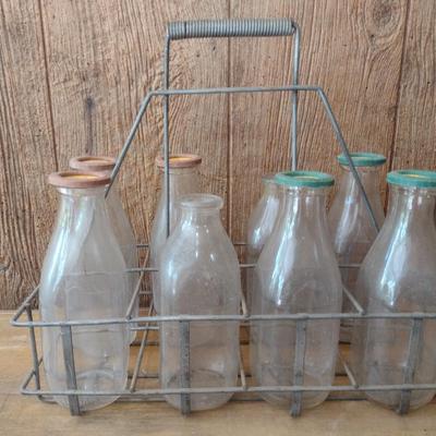 Set of Six Vintage Dairy Milk Bottles with Paper Lids Clover Hill Farms 3 with White Milk and 3 with Chocolate Milk Lids Includes Metal...