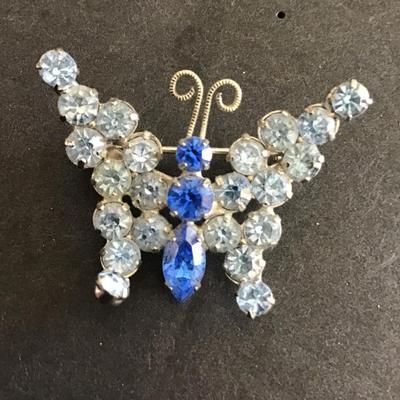Beautiful Vintage Blue Rhinestone Butterfly Pin