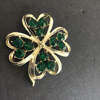 Green Gold Tone Flower Brooch Vintage