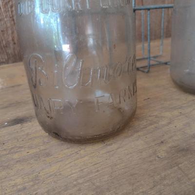 Pair of Vintage Biltmore Dairy Farm One Quart Glass Milk Bottles with Metal Carry Caddy (#24)