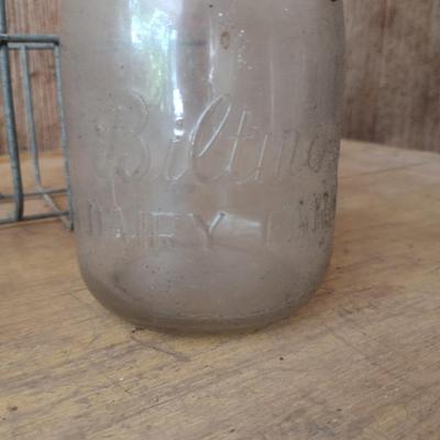 Pair of Vintage Biltmore Dairy Farm One Quart Glass Milk Bottles with Metal Carry Caddy (#24)