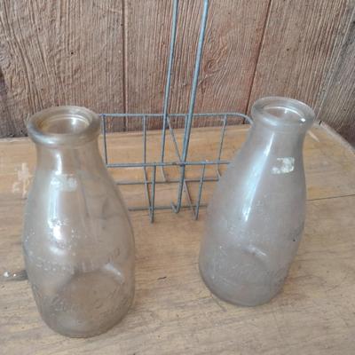Pair of Vintage Biltmore Dairy Farm One Quart Glass Milk Bottles with Metal Carry Caddy (#24)