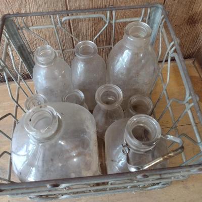 Vintage Wire Milk Crate with Unmarked Glass Milk Bottles Various Sizes (#37)