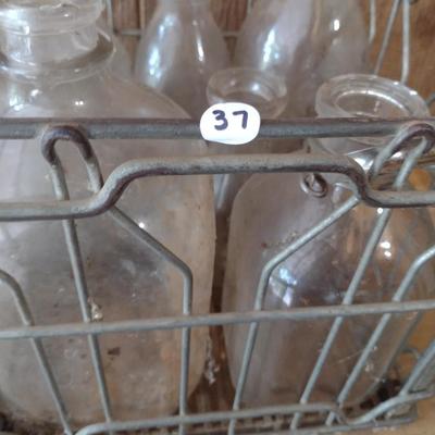 Vintage Wire Milk Crate with Unmarked Glass Milk Bottles Various Sizes (#37)