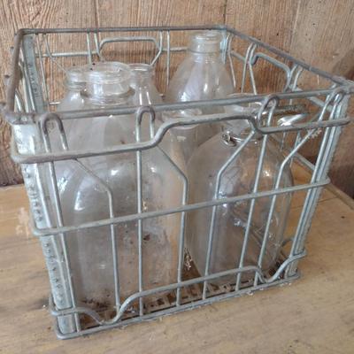Vintage Wire Milk Crate with Unmarked Glass Milk Bottles Various Sizes (#37)