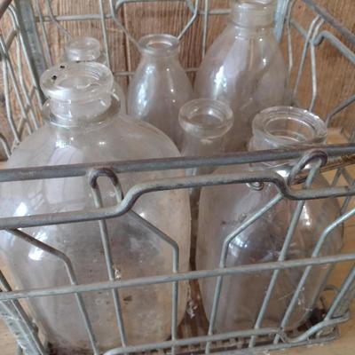 Vintage Wire Milk Crate with Unmarked Glass Milk Bottles Various Sizes (#37)