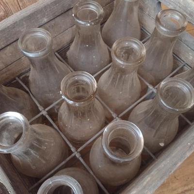 Vintage Pine State Orchard Crate Raleigh, NC filled with 12 Glass Dairy Milk Bottles (#41)