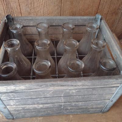 Vintage Pine State Orchard Crate Raleigh, NC filled with 12 Glass Dairy Milk Bottles (#41)