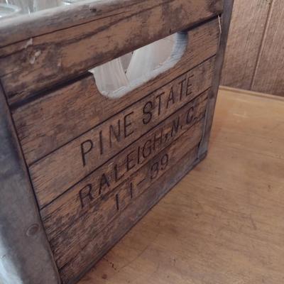 Vintage Pine State Orchard Crate Raleigh, NC filled with 12 Glass Dairy Milk Bottles (#41)