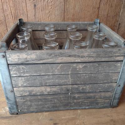 Vintage Pine State Orchard Crate Raleigh, NC filled with 12 Glass Dairy Milk Bottles (#41)