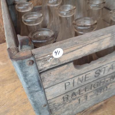 Vintage Pine State Orchard Crate Raleigh, NC filled with 12 Glass Dairy Milk Bottles (#41)