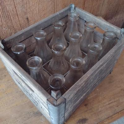 Vintage Pine State Orchard Crate Raleigh, NC filled with 12 Glass Dairy Milk Bottles (#41)