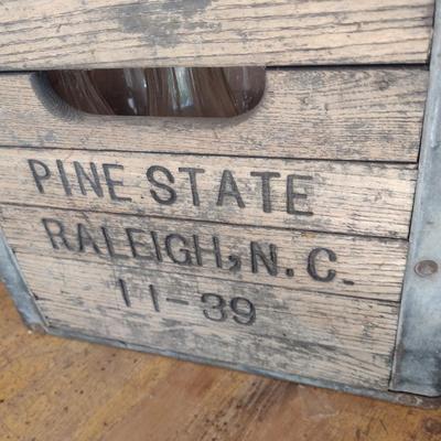 Vintage Pine State Orchard Crate Raleigh, NC filled with 12 Glass Dairy Milk Bottles (#41)