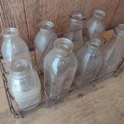 Set of Eight Vintage Dairy Glass Milk Bottles with Wire Carry Caddy (#42)