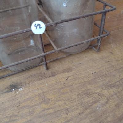 Set of Eight Vintage Dairy Glass Milk Bottles with Wire Carry Caddy (#42)