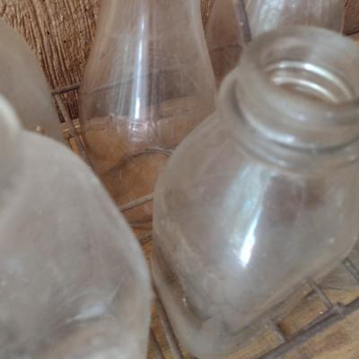 Set of Eight Vintage Dairy Glass Milk Bottles with Wire Carry Caddy (#42)