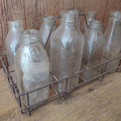 Set of Eight Vintage Dairy Glass Milk Bottles with Wire Carry Caddy (#42)