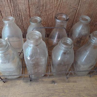 Set of Eight Vintage Dairy Glass Milk Bottles with Wire Carry Caddy (#42)