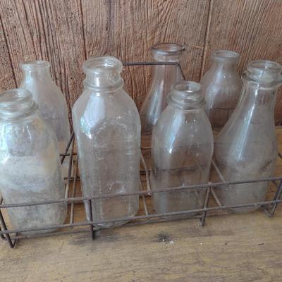 Set of Eight Vintage Dairy Glass Milk Bottles with Wire Carry Caddy (#42)