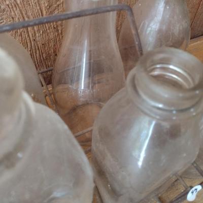 Set of Eight Vintage Dairy Glass Milk Bottles with Wire Carry Caddy (#42)