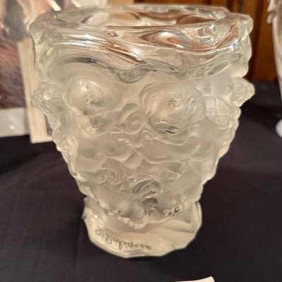 Frosted Crystal Vase with Raised Cherub Decoration