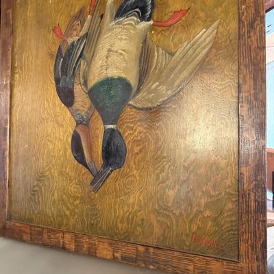 Framed Hand Painted Ducks on Wood Panel Signed "E. Shulz"