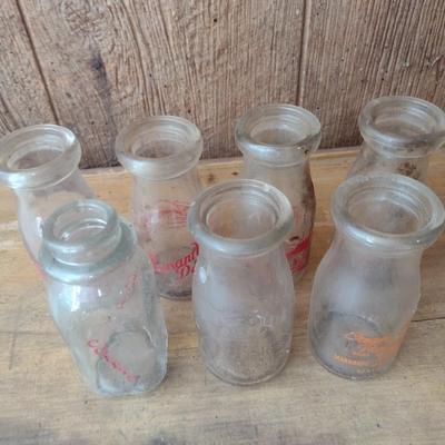 Set of Seven Vintage Painted Logo Dairy Glass Half Pint Milk Bottles Various Dairy Farms (#46)