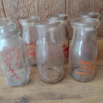 Set of Seven Vintage Painted Logo Dairy Glass Half Pint Milk Bottles Various Dairy Farms (#46)